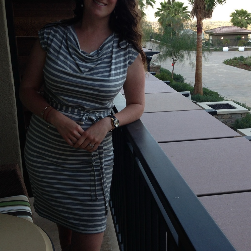 Icebreaker Gray and White Striped Midi Dress